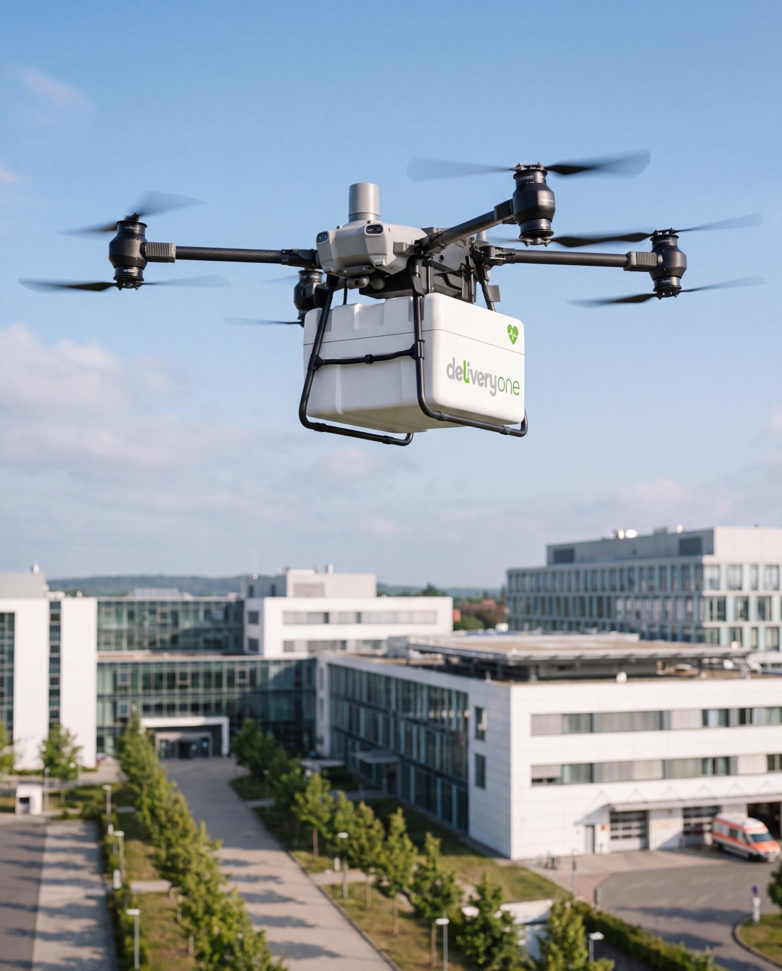 A Picksy Air cargo drone carrying a medical case over a hospital campus